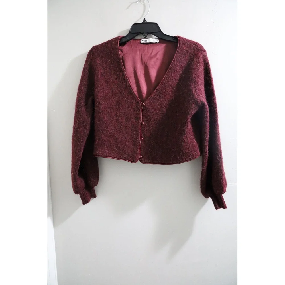 Zara Womens Burgundy Fuzzy Cropped Cardigan V-Neck Lantern Sleeve Lined Large
